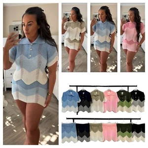 Women's Zig Zag Multicolour Knitted 2 Piece Set Ladie's Crochet Co Ord Top Skirt - Picture 1 of 8