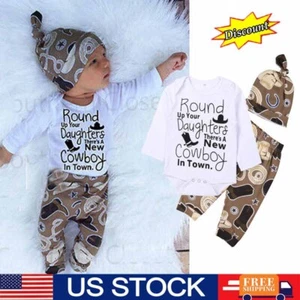 3PCS Newborn Infant Baby Boy Romper Tops Pants Hat Tracksuit Clothes Outfits Set - Picture 1 of 14