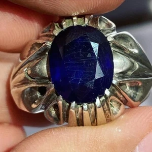 100% Natural Blue Sapphire Ring For Men with Big Stone & Frame Design Ring - Picture 1 of 2