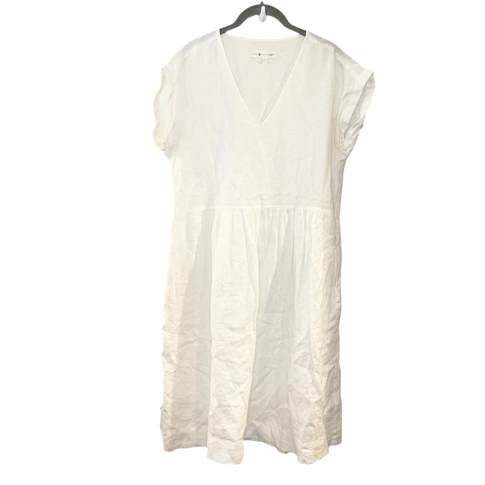 Ann Taylor Loft Dress Lou Grey Linen Pocket Dress White Minimalist Midi Size S - Image 1 of 4