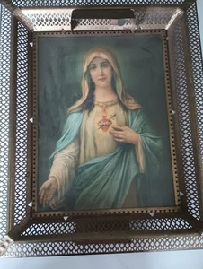 Antique 1930's/40's Virgin Mary Sacred Heart Print In Metal Frame w/ Light Box - Picture 1 of 6