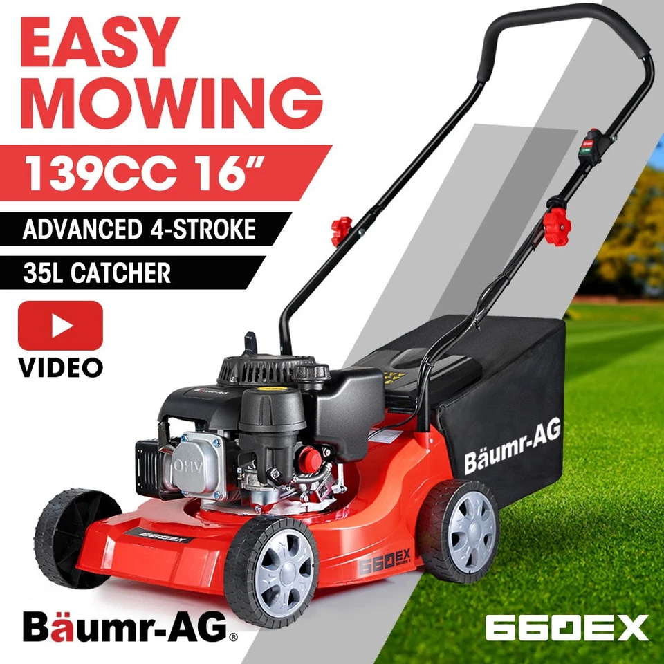 Baumr-AG Lawn Mower 16" Petrol Powered Hand Push Engine Lawnmower Catch 4 Stroke - image 1 of 4