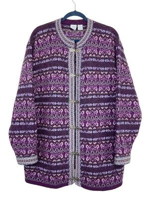 Northern Isles 100% Wool Cardigan Sweater Metal Hook Fair Isle Nordic Purple 2X - Image 1 of 4