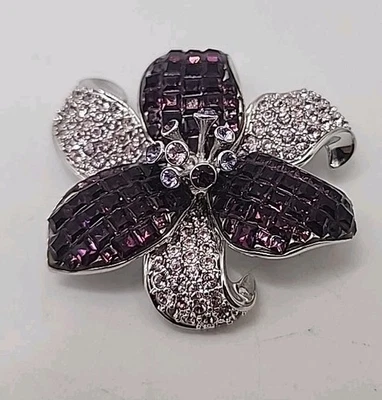 Vintage Swarovski Silver Tone Invisible Set Purple Crystal Orchid Brooch Pin 2" - Image 1 of 4