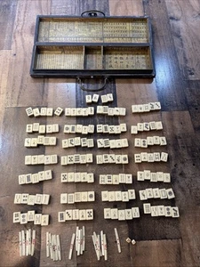 Vintage Mahjong Tile Set 144 bamboo Traditional Chinese Game W/ Bone Sticks Dice - Picture 1 of 24