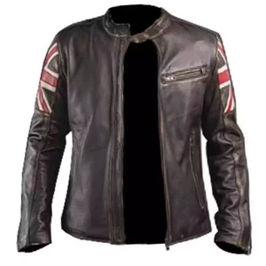 Giacca uomo stile cafe racer marrone vera pelle per biker uomo bandiera UK - Foto 1 di 4