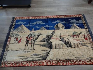 Vintage Rug Woven Egyptian Wall Hanging Tapestry Sphinx Pyramids Camels 48 x 74 - Picture 1 of 13