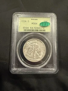 1934-S Walking Liberty Half Dollar CERTIFIED CAC & PCGS MS 64 Silver 50c OGH - Picture 1 of 5