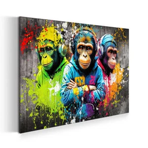 Affen mit Kopfhörern Graffiti Kunst Pop Art Wandbild Leinwandbild XL Wanddeko - Bild 1 von 7