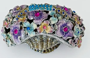 Rhinestone and Enameled Jeweled Flower Basket Trinket Box - Picture 1 of 16
