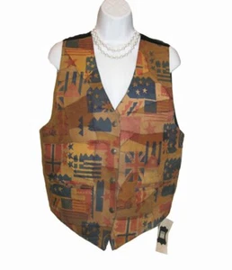 NEW LEATHER VEST Size M 6 8 Flags Stamped Pieced Button Front Multi Motorcycle - Picture 1 of 12