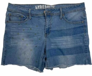 Hydraulic Raw Hem Patriotic Denim Shorts Size 14 Gold Star Stripes Rodeo America - Picture 1 of 13