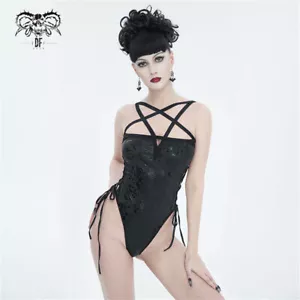 Costume intero donna moda diavolo nero motivo gotico pentagramma spalline - Foto 1 di 19