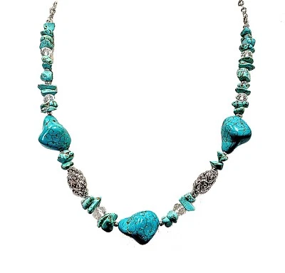 Collar de piedra turquesa mezclado con astillas de piedra, cuentas de vidrio, cuentas de plata Nuevo Foto 1 de 4