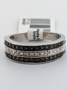 Natural Diamond White & Black Silver Ring Band - Picture 1 of 3