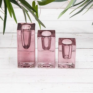 Set 3 Vintage Pink Glass Candle Square Cubed Retro Dinner Taper Candle Holders - Picture 1 of 3