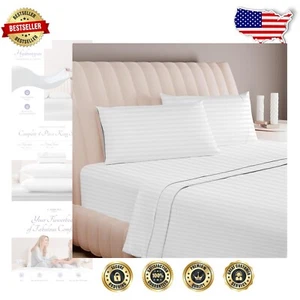 Crisp White King Stripe Sheet Set - 100% Egyptian Cotton, 600 TC & Anti-Pilling - Picture 1 of 11
