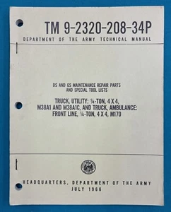TM 9-2320-208-34P Truck 1/4 Ton M38A1 Original Army Technical Parts Manual 1966 - Picture 1 of 1