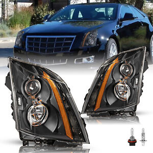 For 2008-2014 Cadillac CTS CT-S Halogen Black Headlights Lamps Left & Right Pair