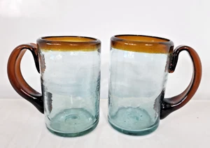 De colección. Tazas de vidrio mexicano soplado a mano con llantas marrones y asas aplicadas 32 fl. oz 6" t - Imagen 1 de 8