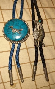 2 Vintage silver tone metal Faux Turquoise Road Runner bolo tie - Picture 1 of 1