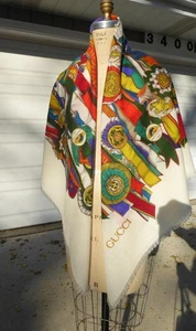 VINTAGE GUCCI REITER ROSETTENBAND AUSZEICHNUNGEN CREME LANA WOLLE SCHAL SCHAL - Bild 1 von 16