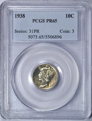 1938 MERCURY DIME PCGS PR65 CHOICE PROOF COIN - Image 1 of 3