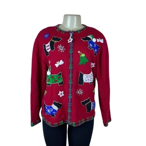 Tiara International Women’s Red Cotton/Ramie Christmas Sweater Scottie Dog Sz M - Picture 1 of 7