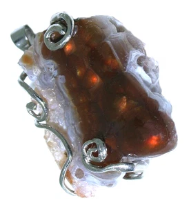 Fire Agate Wirewrapped Silver Color Pendant 22 Inch SP Snake Chain FAR10/111225 - Picture 1 of 4