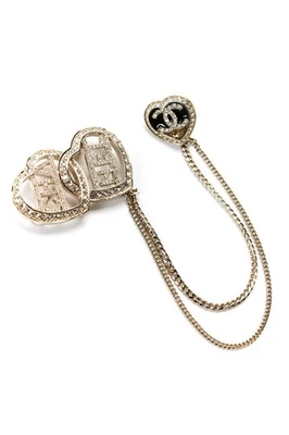 Chanel Womens Silver Tone Crystal Double Heart Brooch - Image 1 of 4