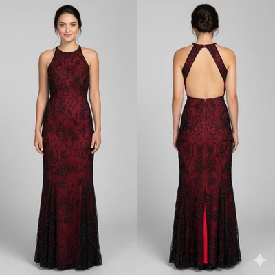 De Colección Tootsies Vestido de Seda Negro Con Cuentas Forro Rojo Halter Espalda Abierta Abertura Ajuste Sirena Foto 1 de 4