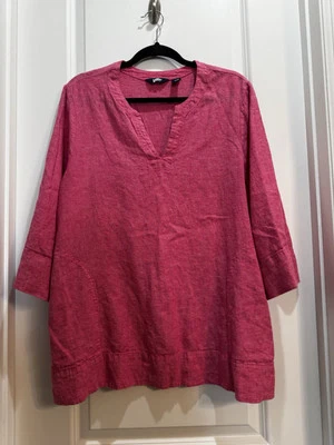 Lands’ End Pink Split Vneck 3/4 Sleeve Tunic XL Side Slit Pockets Linen Blend - Image 1 of 4