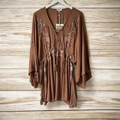 Umgee Brown Floral Embroidered Mini Dress Womens Sz S V-Neck Boho Lagenlook - Image 1 of 4