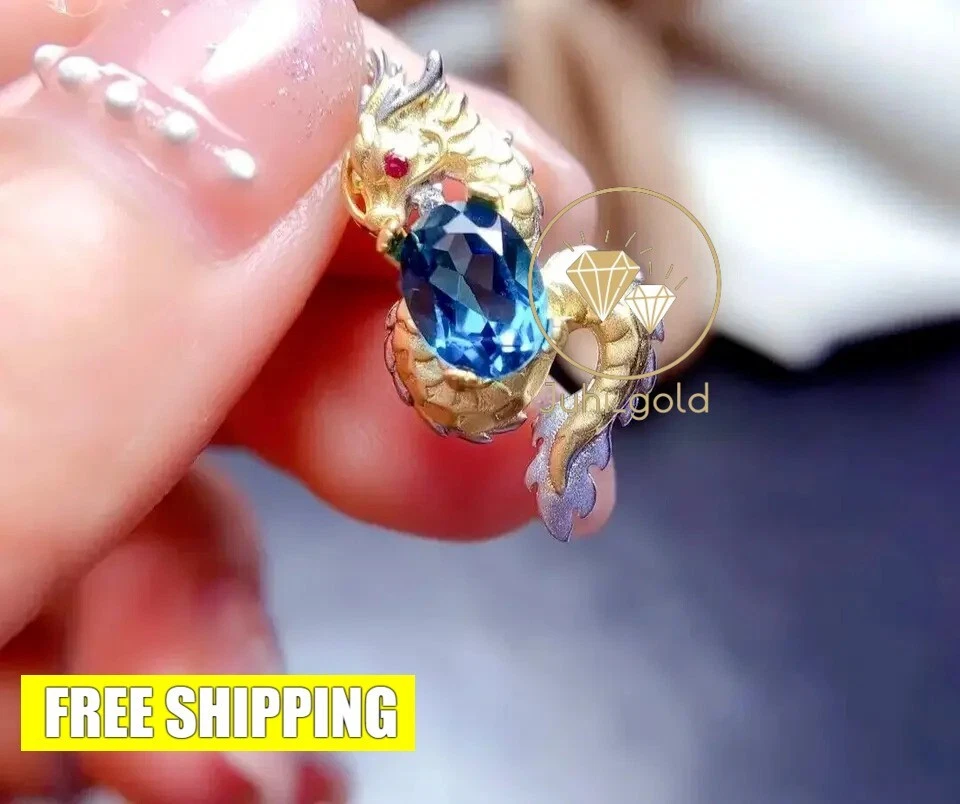 Colgante con dije de dragón de 2 quilates redondo topacio simulado de 14 quilates oro de dos tonos sobre plata para hombre Foto 1 de 4