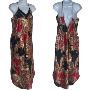 Vtg Y2K Liquid Silky Floral Scarf Print Midi Slip Dress Nightgown Side Slits S/M - Picture 1 of 12