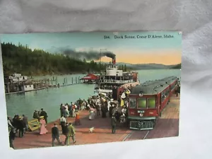 1913 Postkarte Coeur D'Alene Idaho Dock Szene Dampfschiff, Zug Menschen - Bild 1 von 6
