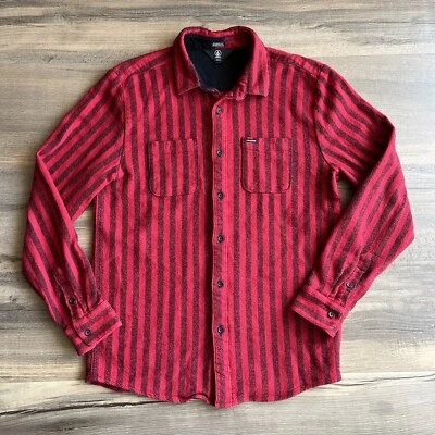 Volcom Men’s Heavy Weave Cotton Button Down Shirt Long Sleeve Red Stripe Medium - Image 1 of 4