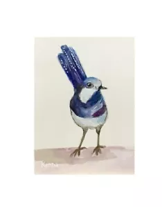 Painting Original ACEO Art card by Kenna Blue Fairy Wren 2.5” X 3.5” - Picture 1 of 3