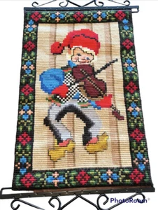 Vintage Christmas Needlepoint Hanging Wall Art Elf Playing Violin Handmade 31” - Picture 1 of 7