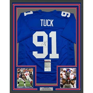 Framed Autographed/Signed Justin Tuck 35x39 New York Blue Jersey JSA COA - Picture 1 of 2