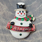 LET IT SNOW Metal and Enamel Snowman with Top Hat Scarf Gold Tone Brooch Pin