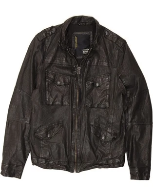 JACK & JONES Mens Military Bomber Leather Jacket UK 40 Large Black Leather IW01 - Image 1 of 3