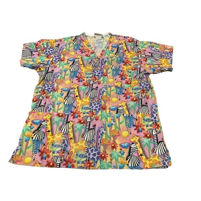 Peaches Uniforms Scrub Top Zebra Giraffe Birds Multicolor Dental Veterinarian - Image 1 of 4