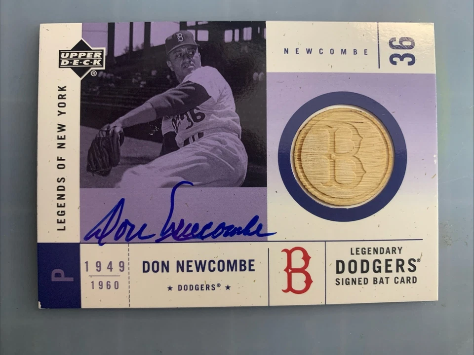 Tarjeta de murciélago usada con autógrafo y juego Don Newcombe 2001 Upper Deck Legends of New York. Foto 1 de 2