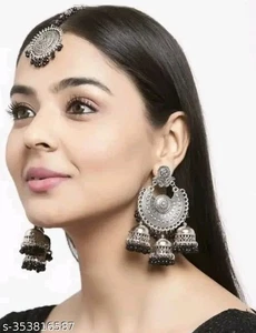Tribal Silver Oxidized Jhumka Earring Fashionable Mangtika Heavy Trendy Jewelry - Picture 1 of 5