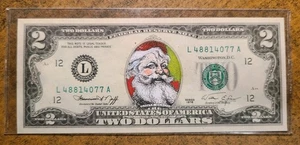 1976 THE SANTA CLAUS U.S. $2 DOLLARS BILL MONEY - Picture 1 of 2