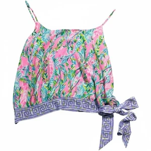 Lilly Pulitzer verziertes Crop-Top zum Binden seitlich rosa blau grün Print XL - Bild 1 von 7