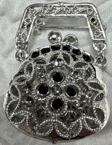 Vintage Miniatur silberfarbene filigrane Geldbörse mit schwarz/AB Strass verziert - Bild 1 von 6
