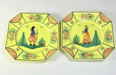 2 HB Quimper Breton Man & Woman Soleil Yellow 7.5" Octagonal Salad Plates - Image 1 of 4
