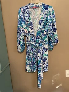 Lilly Pulitzer Elaine Velour Bademantel Ocean Commotion Blau Muster Gürtel Sm/Med - Bild 1 von 9